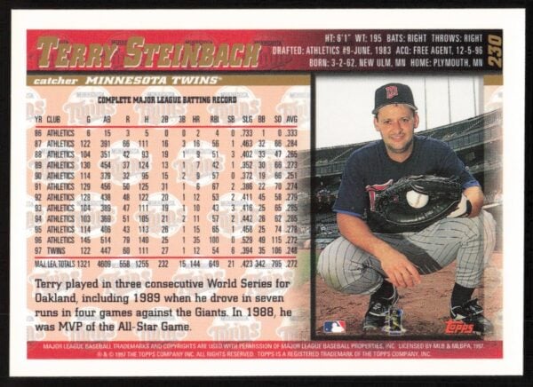 1998 Topps Terry Steinbach #230 (Back)