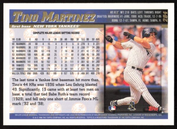 1998 Topps Tino Martinez #284 (Back)