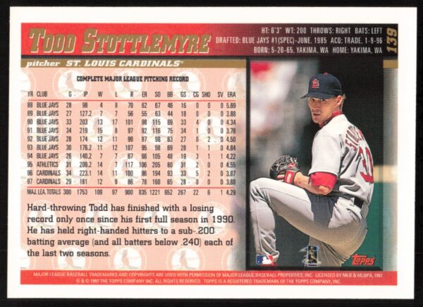 1998 Topps Todd Stottlemyre #139 (Back)