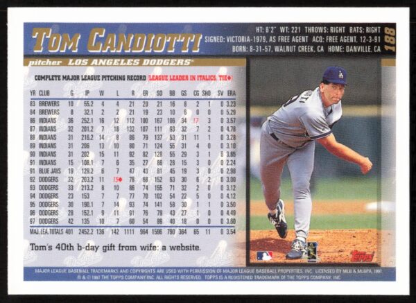 1998 Topps Tom Candiotti #188 (Back)