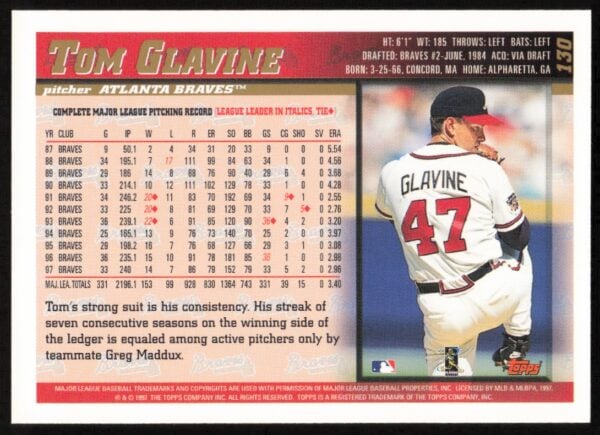 1998 Topps Tom Glavine #130 (Back)