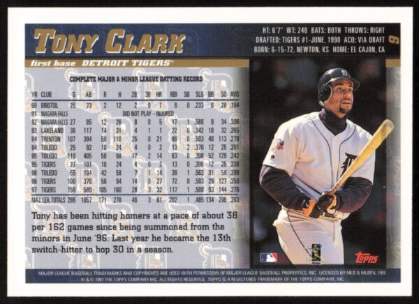 1998 Topps Tony Clark #9 (Back)