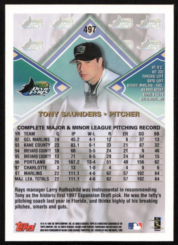 1998 Topps Tony Saunders #497 (Back)