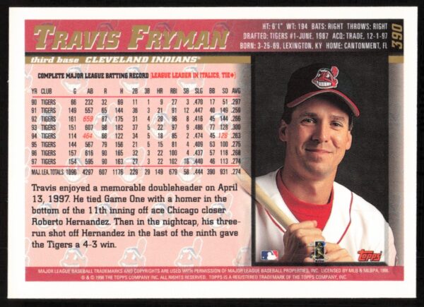 1998 Topps Travis Fryman #390 (Back)