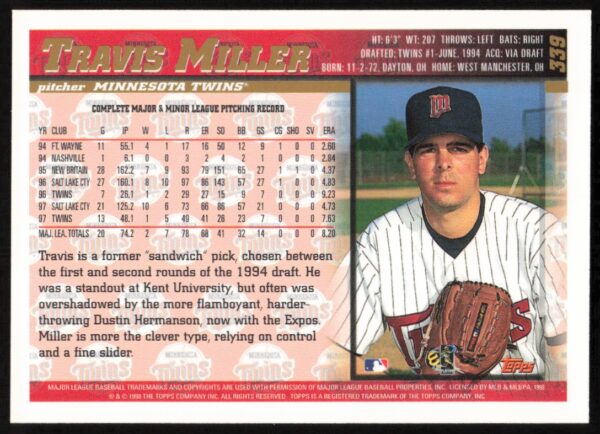 1998 Topps Travis Miller #339 (Back)