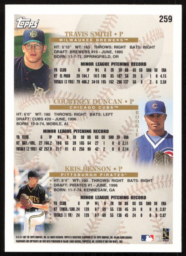 1998 Topps Travis Smith / Courtney Duncan / Kris Benson Prospects #259 (Back)