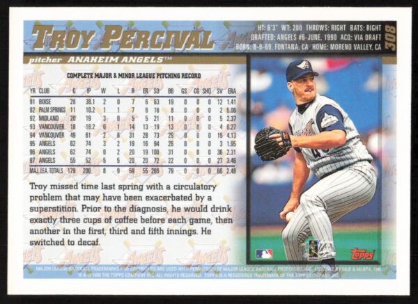 1998 Topps Troy Percival #308 (Back)