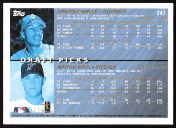 1998 Topps Vernon Wells / Aaron Akin Draft Picks #247 (Back)