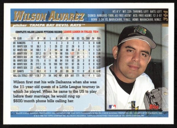 1998 Topps Wilson Alvarez #344 (Back)