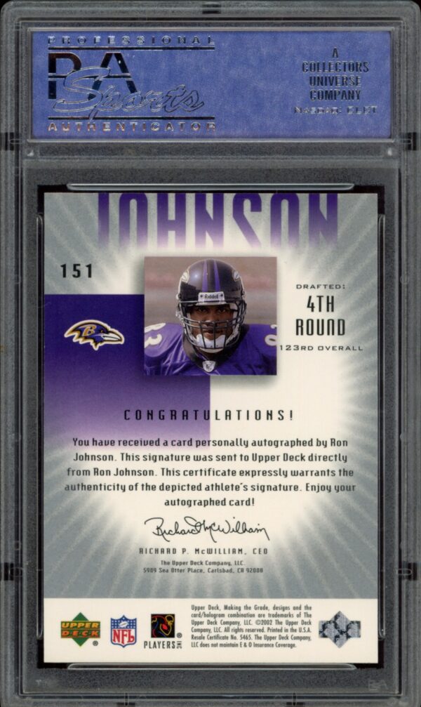 PSA-graded 2002 Upper Deck football card of Ron Johnson, number 151 out of 550 series.