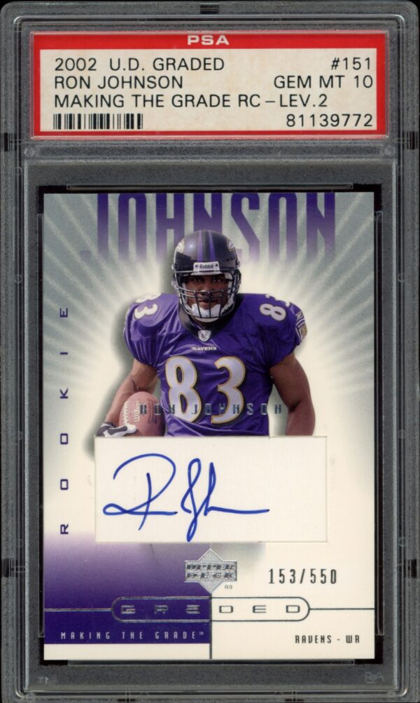 PSA 10-rated 2002 Upper Deck card featuring football player Ron Johnson in action.