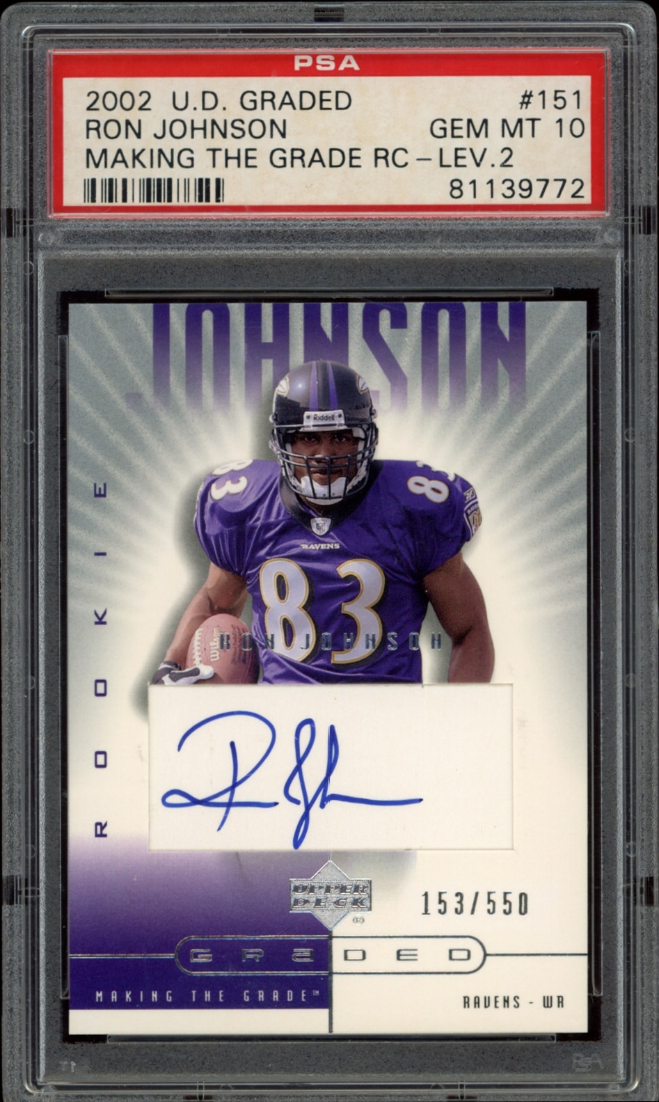PSA 10-rated 2002 Upper Deck card featuring football player Ron Johnson in action.