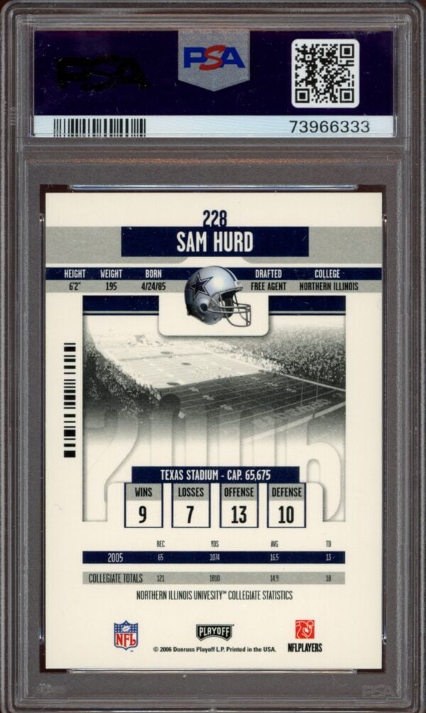 PSA-graded 2006 Playoff Contenders autograph card of football player Sam Hurd.