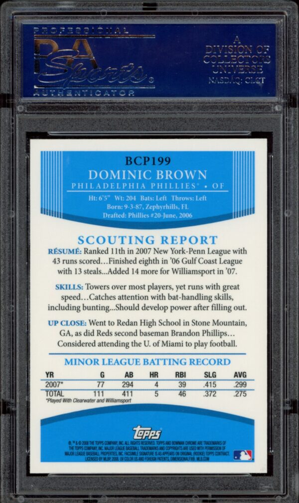 2008 Bowman Chrome Dominic Brown Rookie Card BCP90, PSA 10.