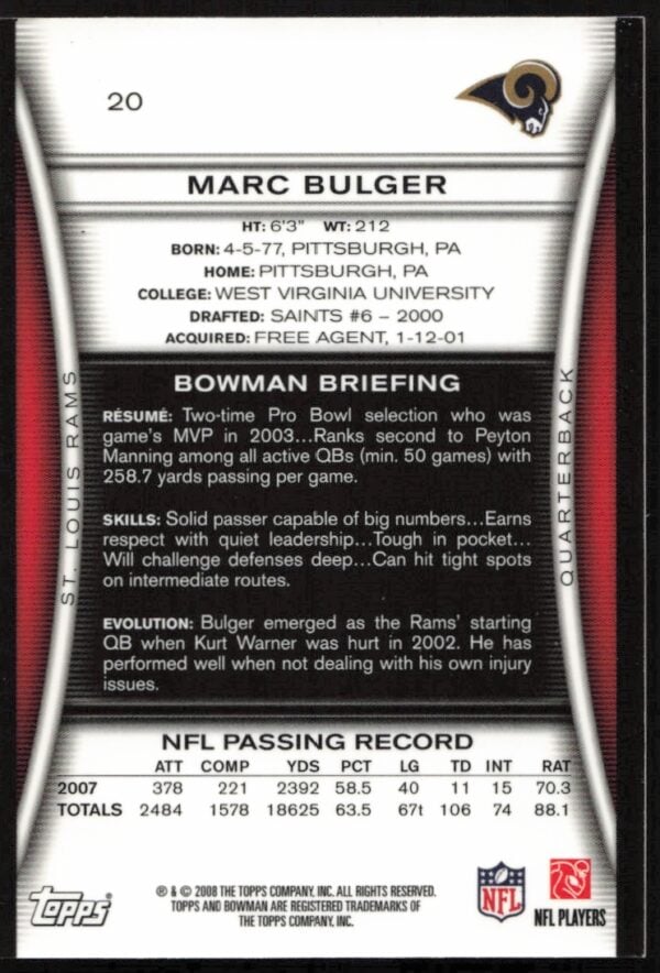 2008 Bowman Marc Bulger #20 (Back)