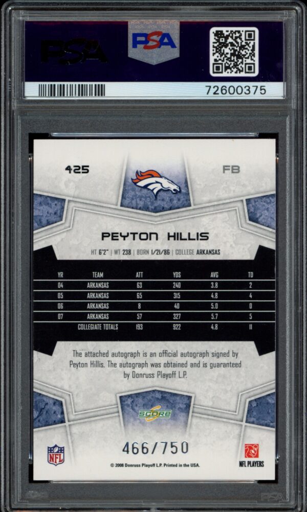 PSA-graded Peyton Hillis NFL card, limited edition with official autograph, from 2008 Score Select.