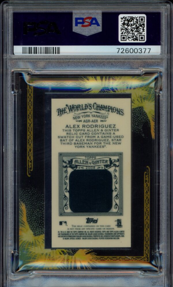 PSA-graded 2008 Topps Allen & Ginter Alex Rodriguez collectible card with fabric relic.