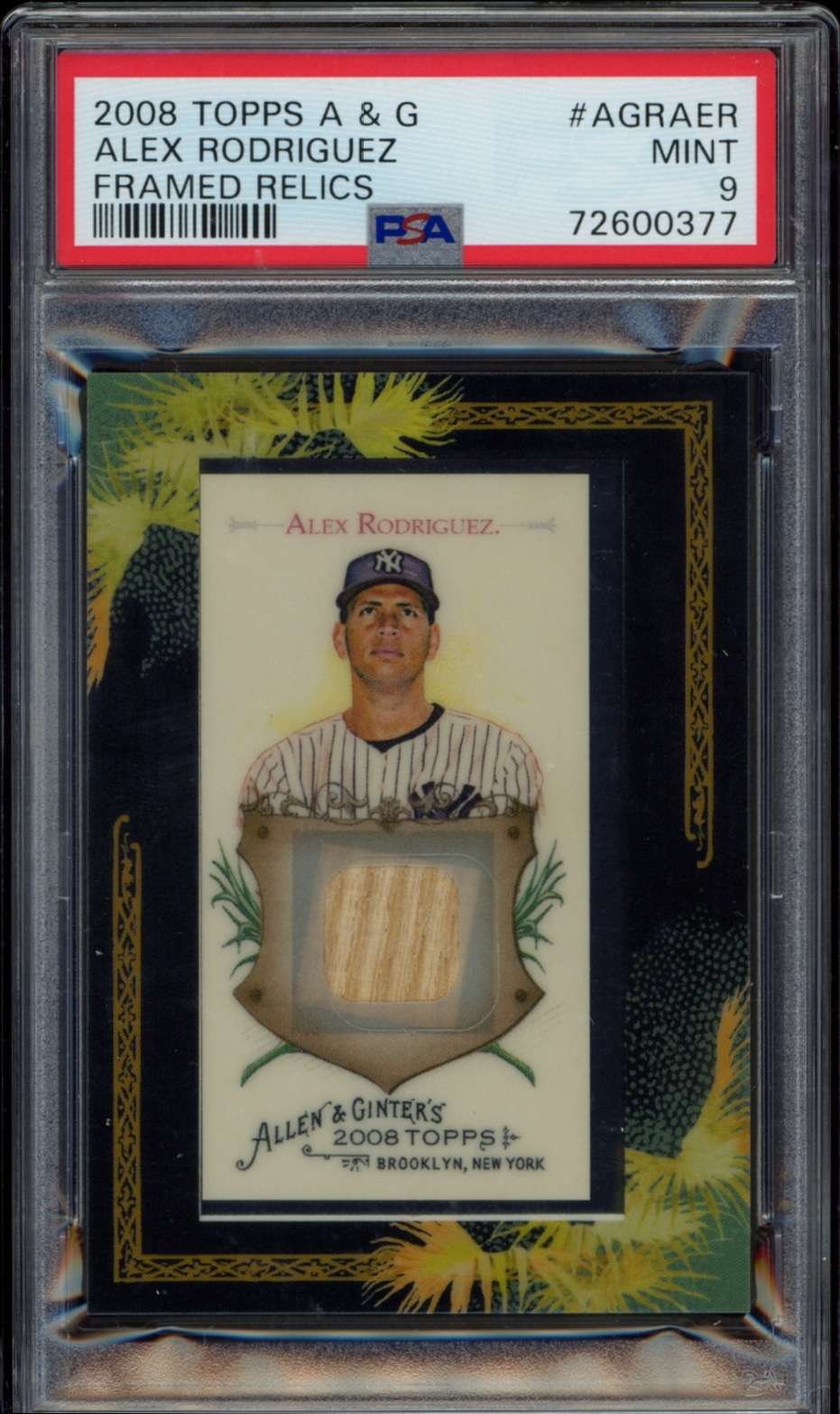 Mint 2008 Topps Allen & Ginter Alex Rodriguez card with game-used jersey relic, PSA graded 9.