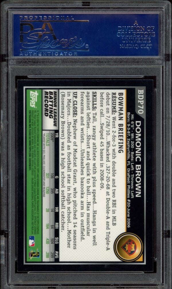 2010 Bowman Chrome baseball card of Domonic Brown, PSA 10, encased in protective slab.