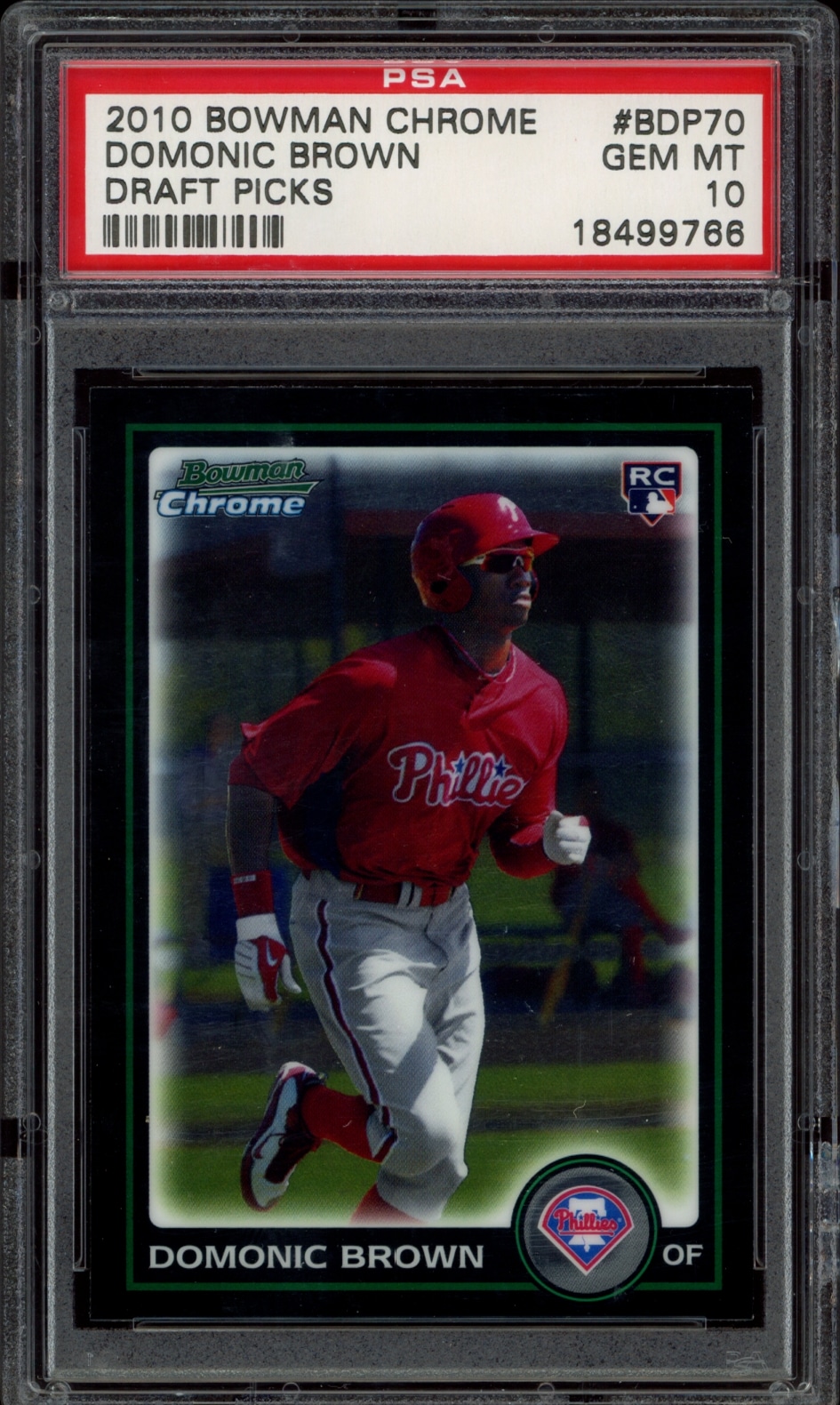 PSA 10 graded 2010 Bowman Chrome card of Phillies Domonic Brown in action.