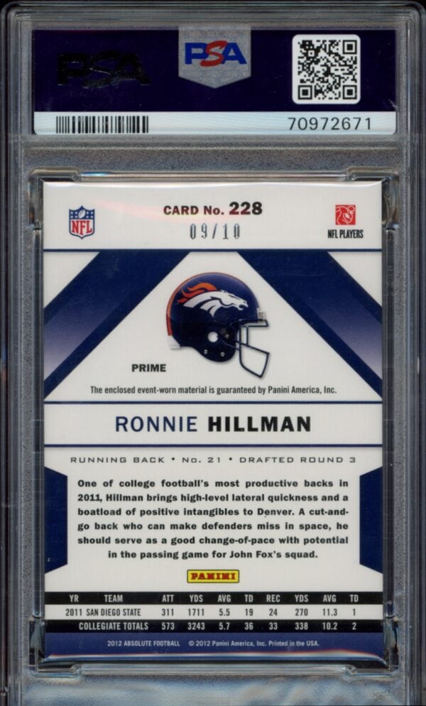 PSA-graded Ronnie Hillman Panini card #228, Denver Broncos helmet graphic, limited edition 89/99.
