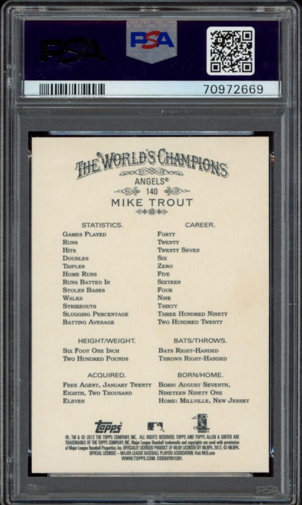 PSA-graded 2012 Topps Allen & Ginter Mike Trout #140 baseball card, back view.