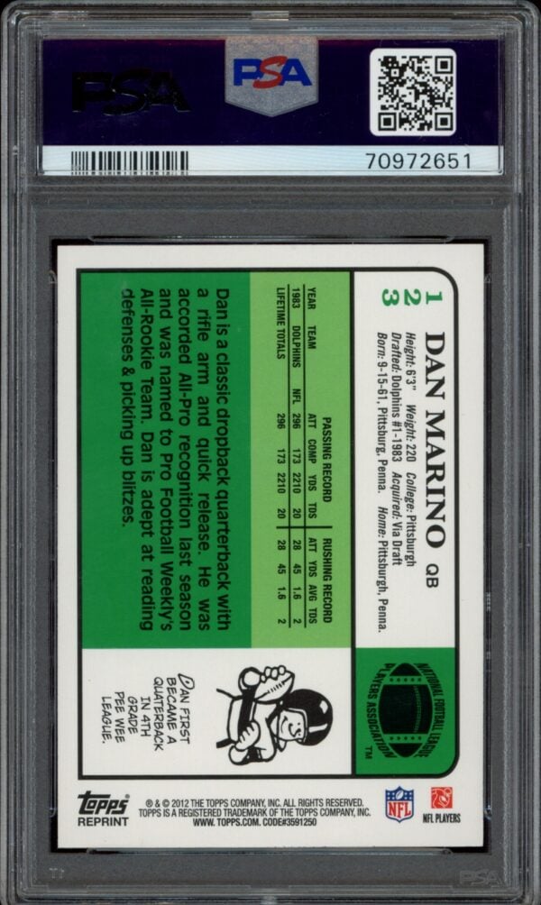 PSA-graded 2012 Topps Dan Marino Rookie Reprint card in mint condition.
