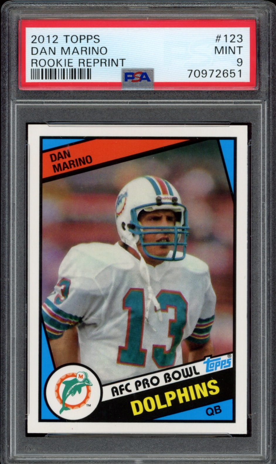 PSA graded MINT 9 Dan Marino 2012 Topps Rookie Reprint sports card.