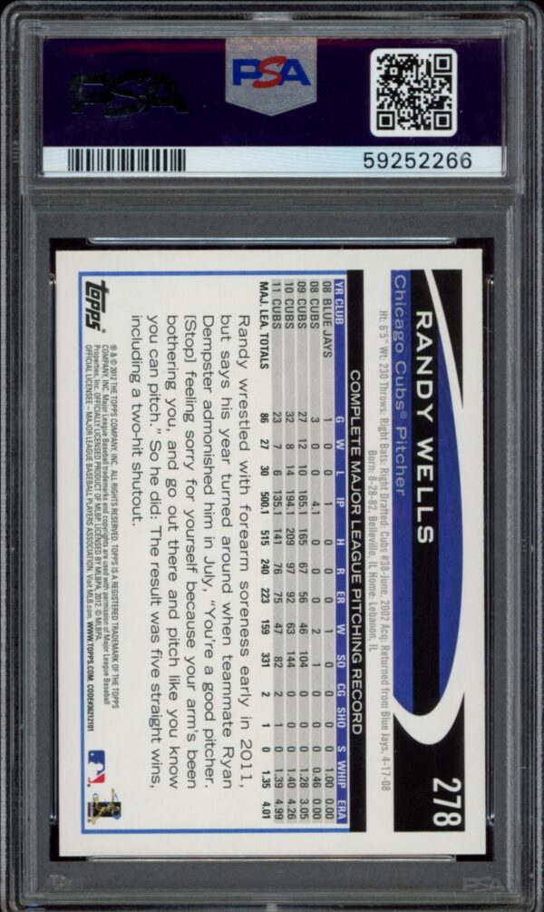 Back of 2012 Topps Randy Wells #278 trading card with PSA 10 grade.