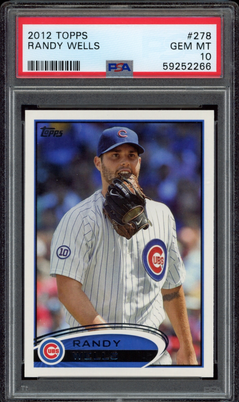 Randy Wells pitching in 2012 Topps card #278, graded GEM MT 10 by PSA.