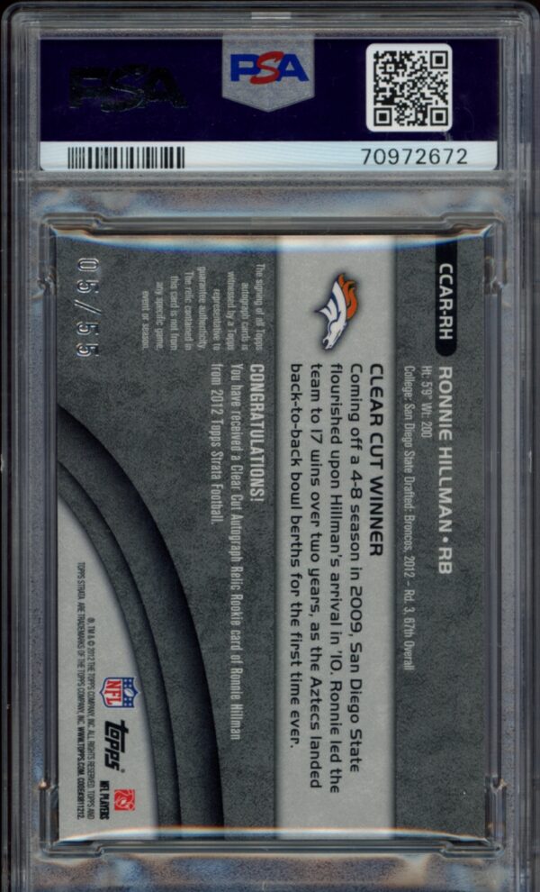 PSA-graded 2012 Topps Strata Ronnie Hillman Autograph Rookie Card back view.