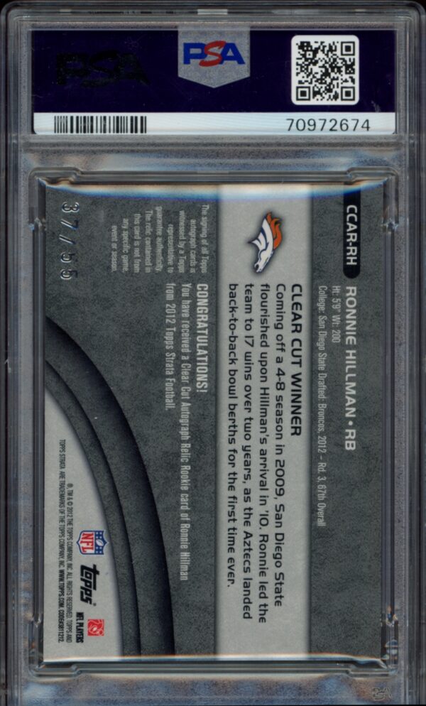 PSA-graded 2012 Topps Strata Rookie Card for Denver Broncos Ronnie Hillman, back view.