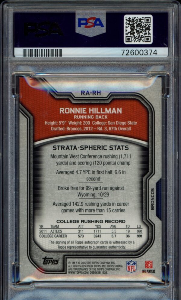 PSA 8 graded 2012 Topps Strata Ronnie Hillman rookie autograph card.