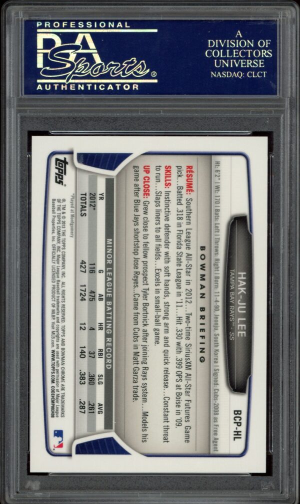 PSA 10 rated 2013 Bowman Chrome Autograph Card of Hak-Ju Lee Back View.