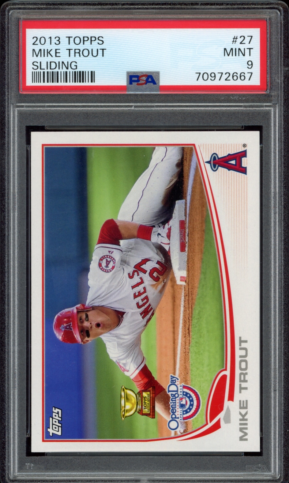 2013 Topps Mike Trout baseball card, Sliding Stars series, Mint 9 graded by PSA.