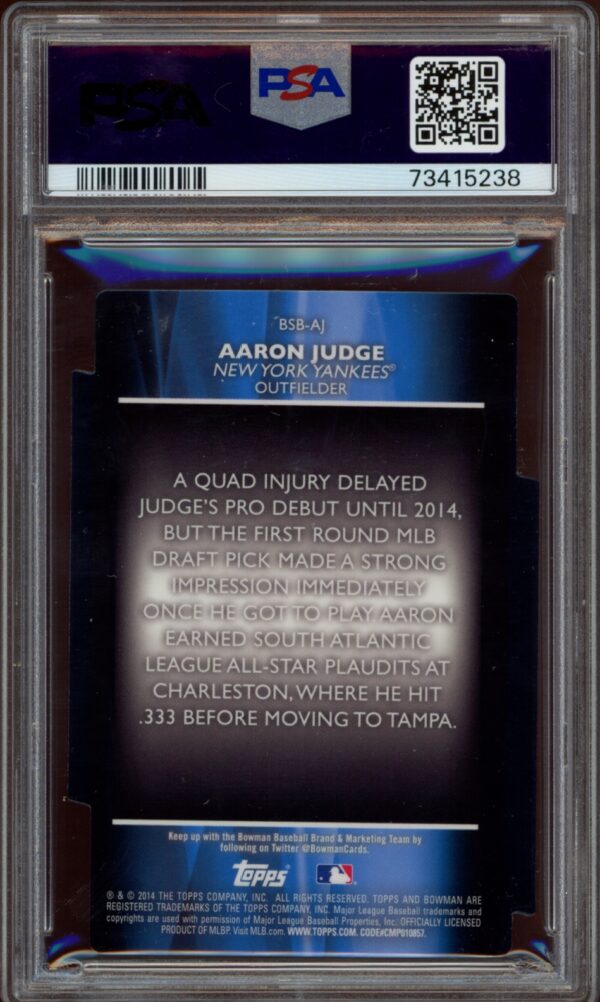 Backside view of Aaron Judges 2014 Bowman Chrome Scouts Breakouts Die-Cut card, PSA 9 rated.