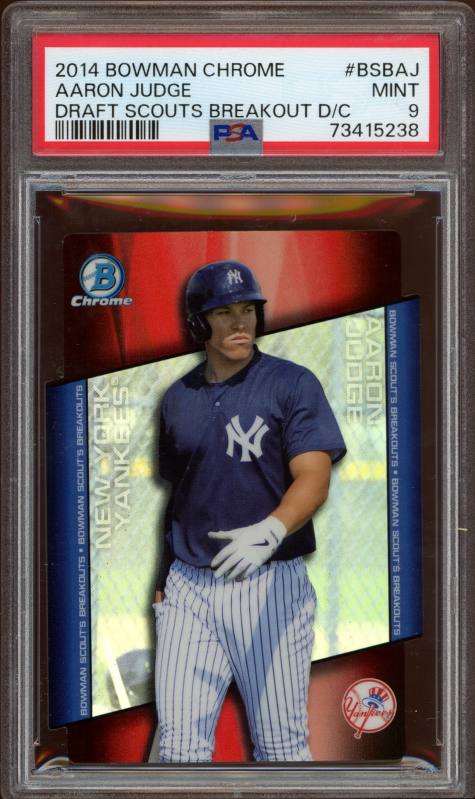 Graded Mint 9, 2014 Bowman Chrome card featuring Yankees player Aaron Judge in action.