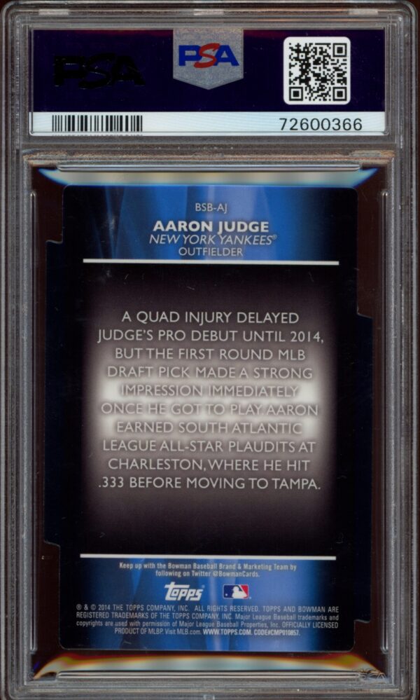 PSA-graded 2014 Bowman Chrome Aaron Judge baseball card in protective case.