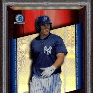 2014 Bowman Chrome Aaron Judge Yankees card, PSAGem Mint 10 grade, reflective background.