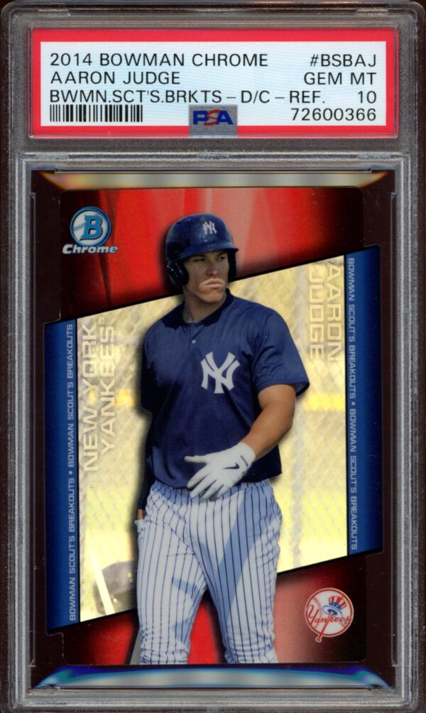 2014 Bowman Chrome Aaron Judge Yankees card, PSAGem Mint 10 grade, reflective background.