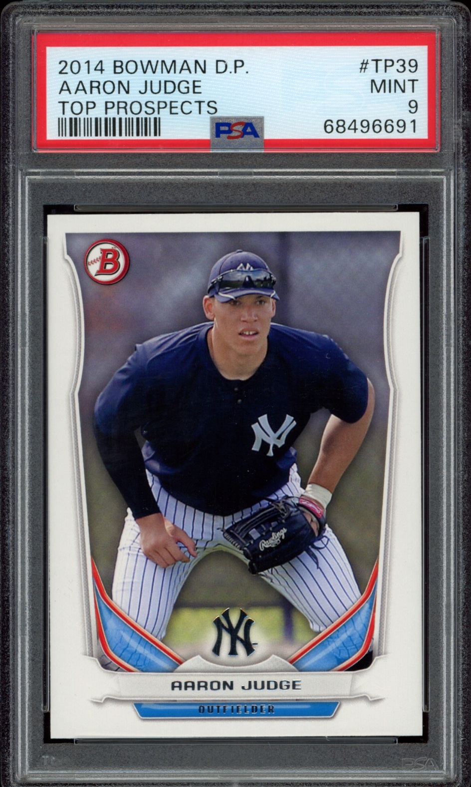 PSA 9 graded 2014 Bowman Draft card featuring Yankees Aaron Judge in action.