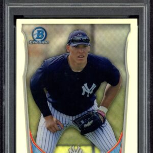 Graded PSA 8, Aaron Judges 2014 Bowman Chrome card in Yankees gear.