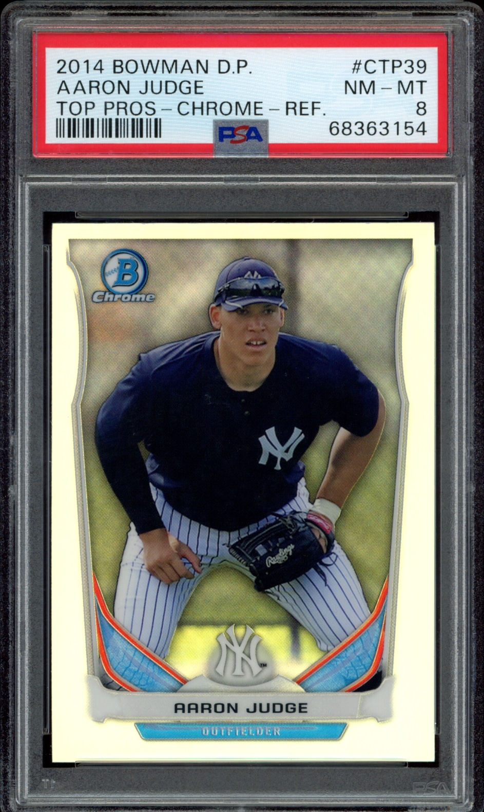 Graded PSA 8, Aaron Judges 2014 Bowman Chrome card in Yankees gear.