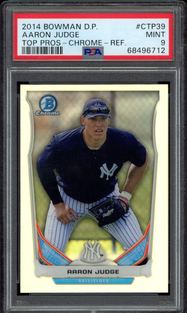 Aaron Judge 2014 Bowman Chrome Refractor baseball card, graded Mint 9 by PSA.