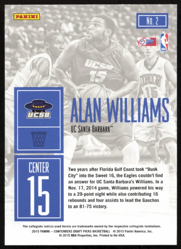 2015 Panini Contenders Draft Picks Alan Williams Game Day #2 (Back)