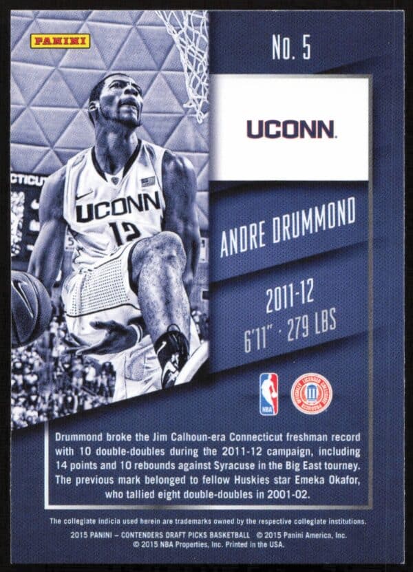 2015 Panini Contenders Draft Picks Andre Drummond #5 (Back)