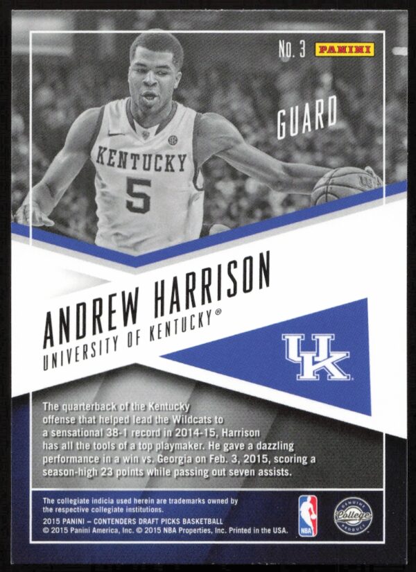 2015 Panini Contenders Draft Picks Andrew Harrison School Colors #3 (Back)