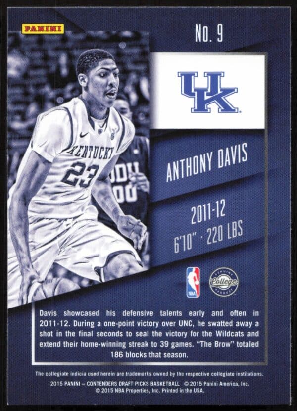 2015 Panini Contenders Draft Picks Anthony Davis #9 (Back)