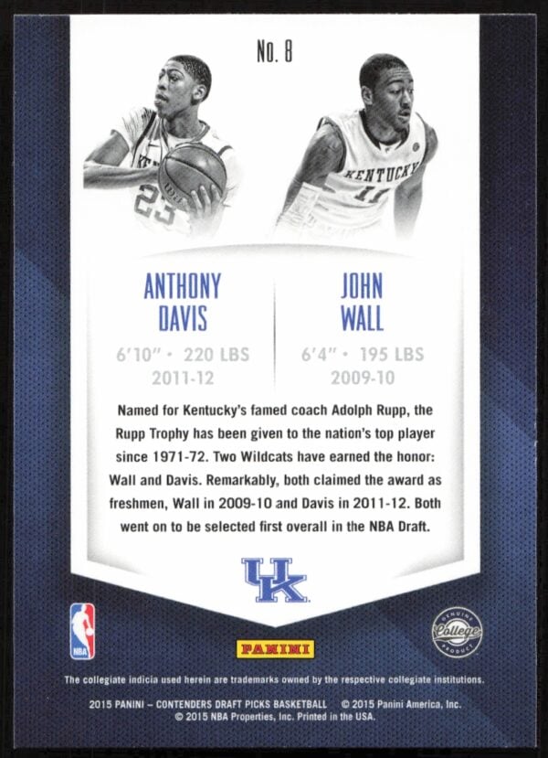 2015 Panini Contenders Draft Picks Anthony Davis / John Wall Collegiate Connections #8 (Back)