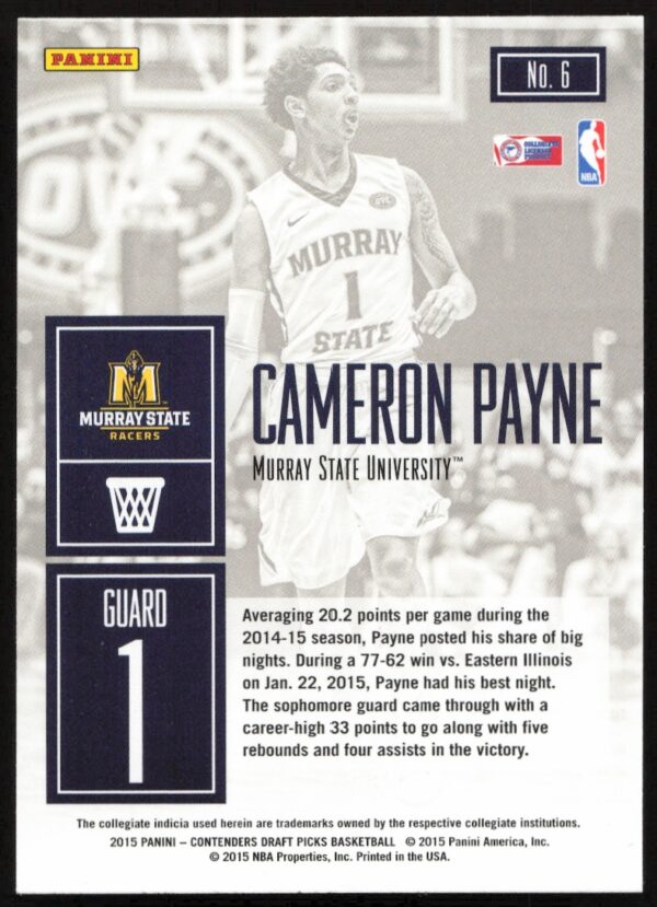 2015 Panini Contenders Draft Picks Cameron Payne Game Day #6 (Back)